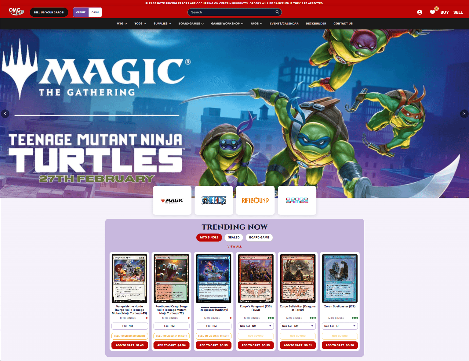 OMG Games homepage with banner carousel and trending products