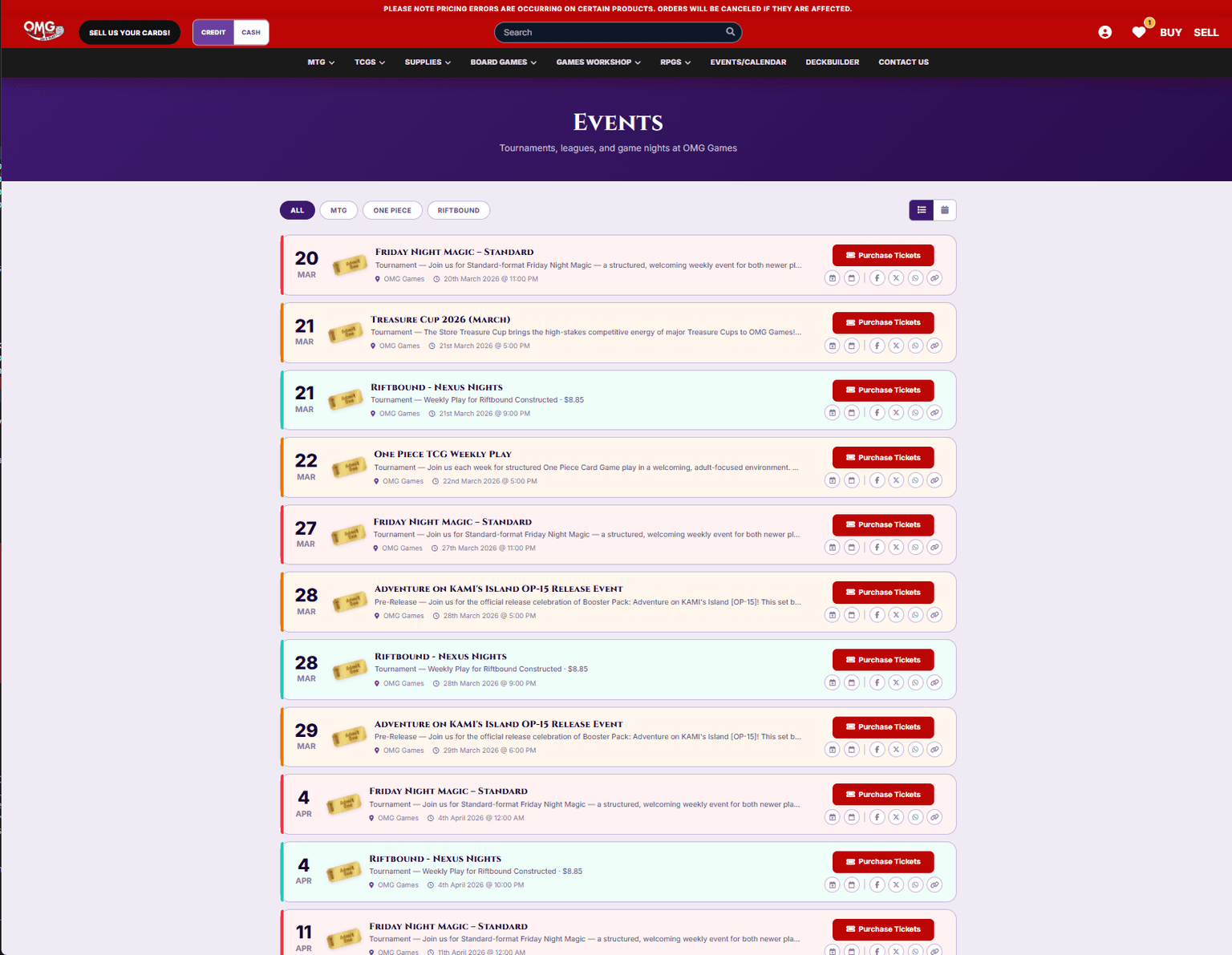 OMG Games events calendar with Friday Night Magic and tournaments