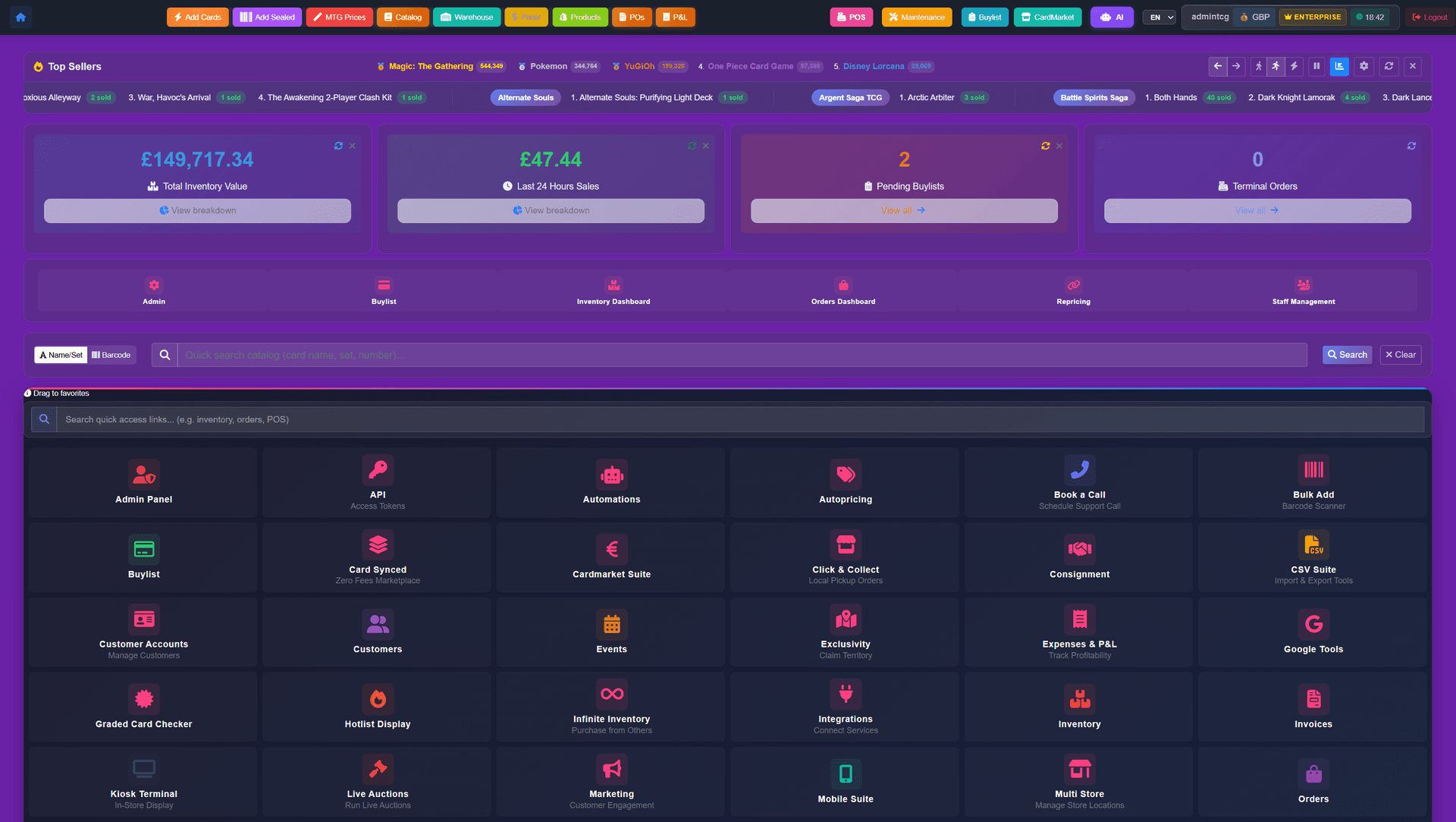The Storefront Pro admin dashboard — live stats and a grid of 150+ feature tiles including POS, buylist, autopricing, events, live auctions, graded card checker, kiosk terminal, multi-store, and more.